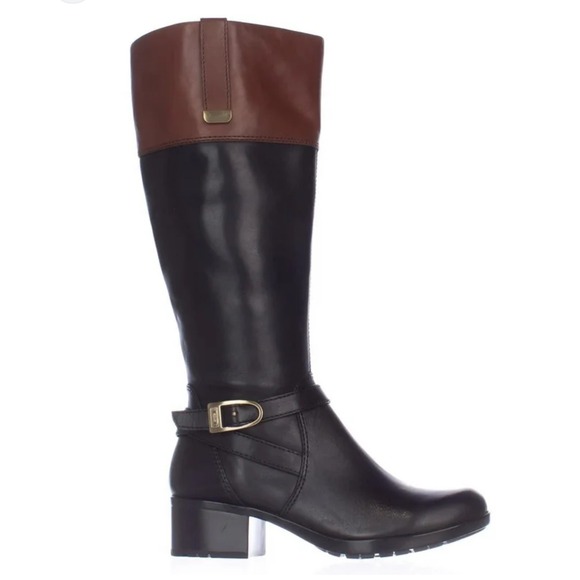 Authentic Bandolino BDCarly Riding Boots Real Leather 2 Tone Black Brown Size 7M - Picture 1 of 12